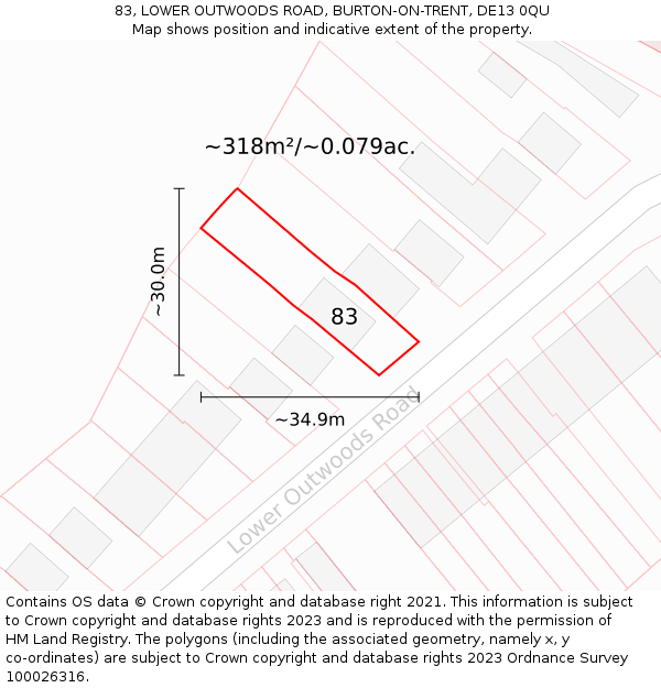 83, LOWER OUTWOODS ROAD, BURTON-ON-TRENT, DE13 0QU: Plot and title map