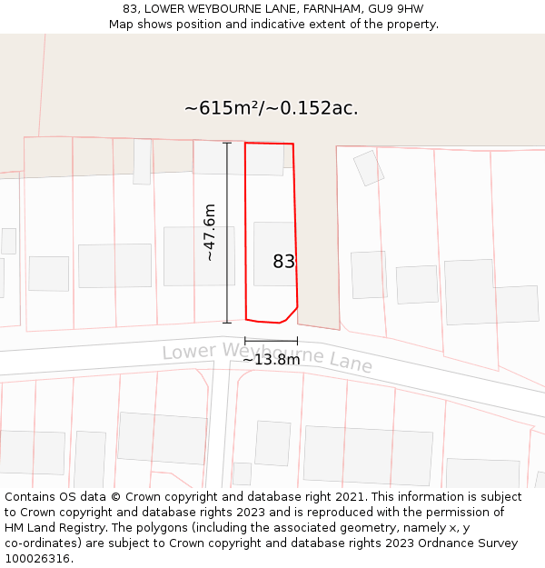 83, LOWER WEYBOURNE LANE, FARNHAM, GU9 9HW: Plot and title map