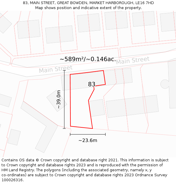 83, MAIN STREET, GREAT BOWDEN, MARKET HARBOROUGH, LE16 7HD: Plot and title map