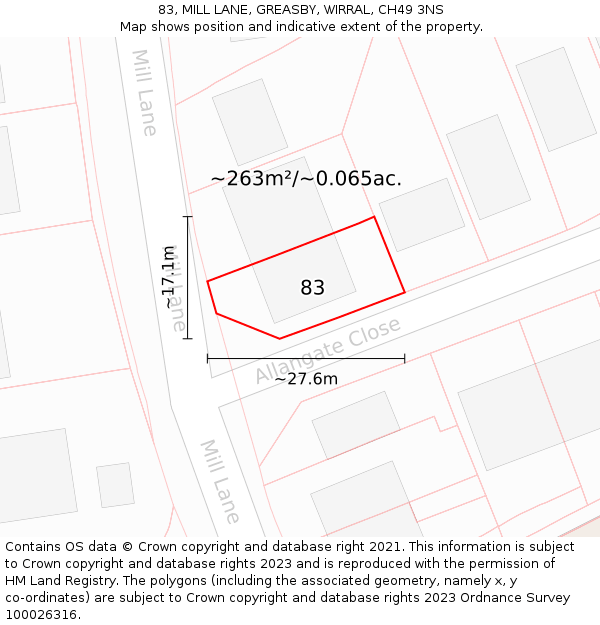 83, MILL LANE, GREASBY, WIRRAL, CH49 3NS: Plot and title map