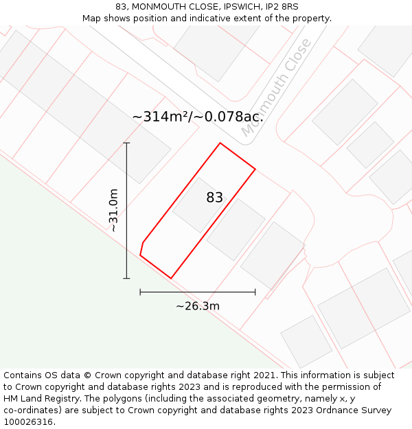 83, MONMOUTH CLOSE, IPSWICH, IP2 8RS: Plot and title map
