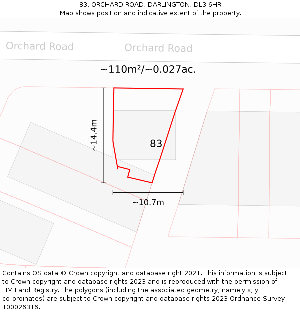 83, ORCHARD ROAD, DARLINGTON, DL3 6HR: Plot and title map