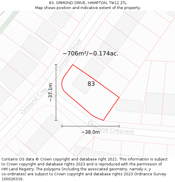 83, ORMOND DRIVE, HAMPTON, TW12 2TL: Plot and title map