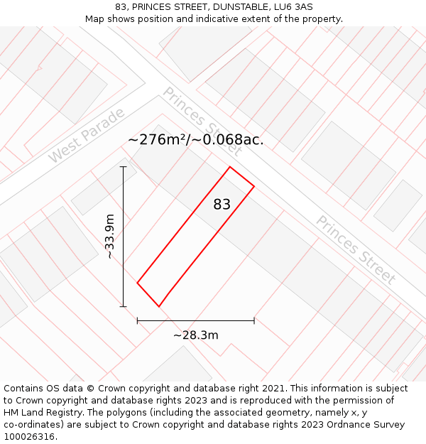 83, PRINCES STREET, DUNSTABLE, LU6 3AS: Plot and title map