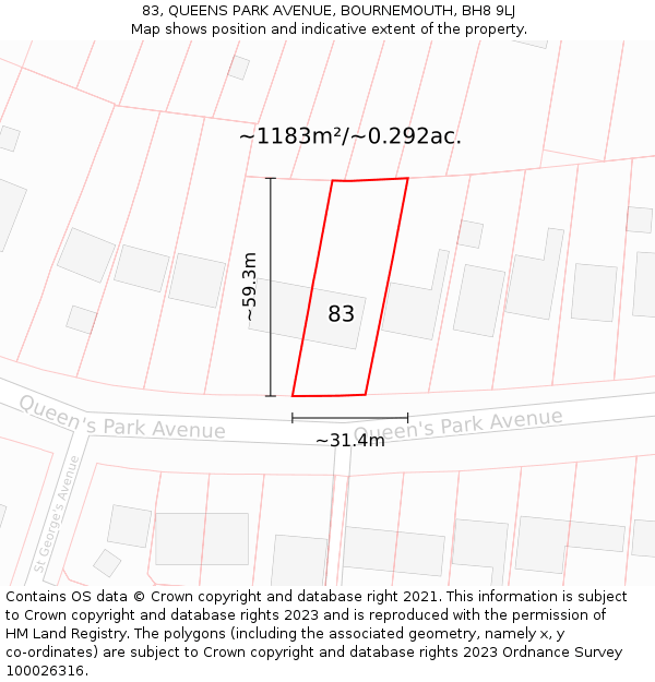 83, QUEENS PARK AVENUE, BOURNEMOUTH, BH8 9LJ: Plot and title map