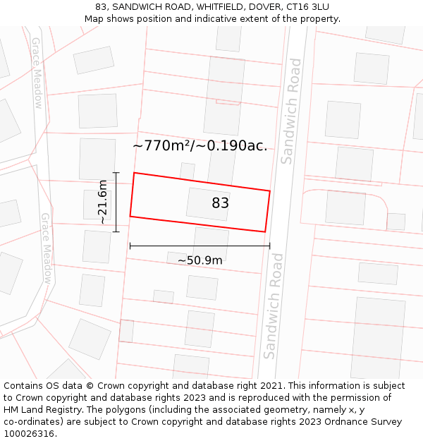 83, SANDWICH ROAD, WHITFIELD, DOVER, CT16 3LU: Plot and title map