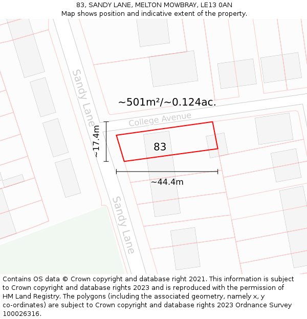 83, SANDY LANE, MELTON MOWBRAY, LE13 0AN: Plot and title map