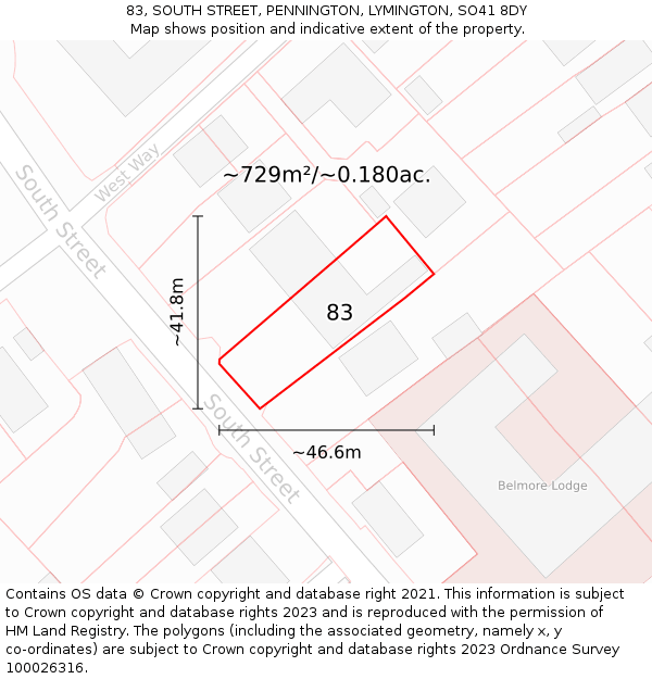 83, SOUTH STREET, PENNINGTON, LYMINGTON, SO41 8DY: Plot and title map