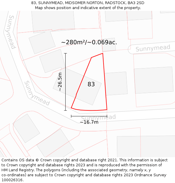 83, SUNNYMEAD, MIDSOMER NORTON, RADSTOCK, BA3 2SD: Plot and title map