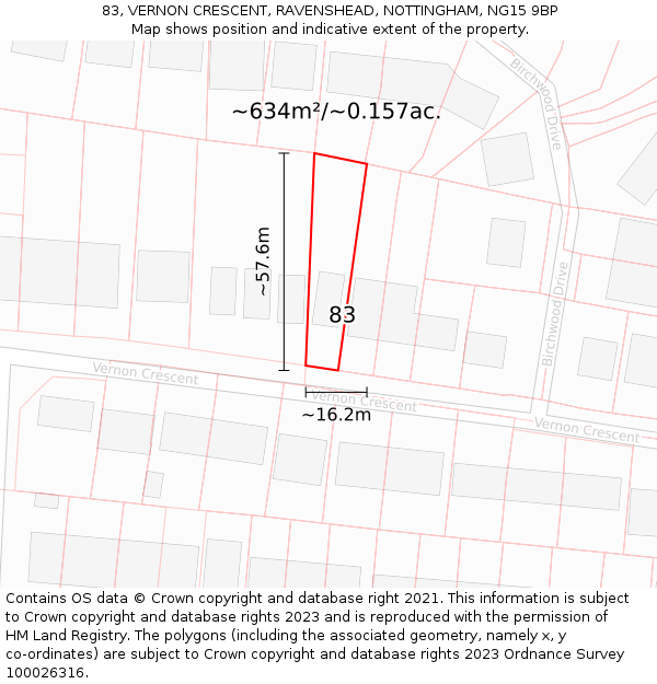 83, VERNON CRESCENT, RAVENSHEAD, NOTTINGHAM, NG15 9BP: Plot and title map