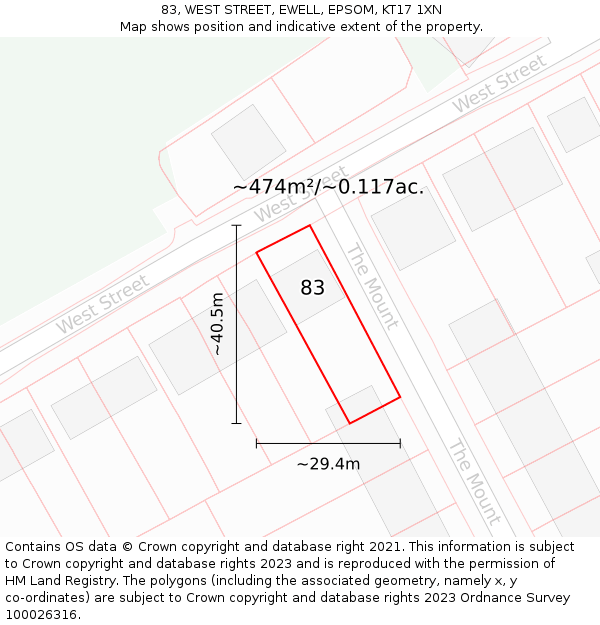 83, WEST STREET, EWELL, EPSOM, KT17 1XN: Plot and title map