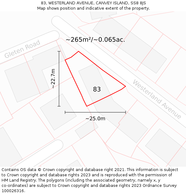 83, WESTERLAND AVENUE, CANVEY ISLAND, SS8 8JS: Plot and title map