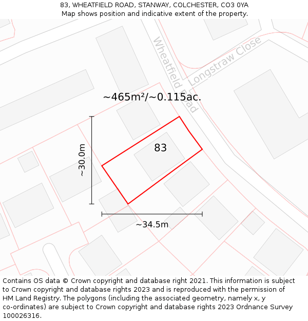 83, WHEATFIELD ROAD, STANWAY, COLCHESTER, CO3 0YA: Plot and title map