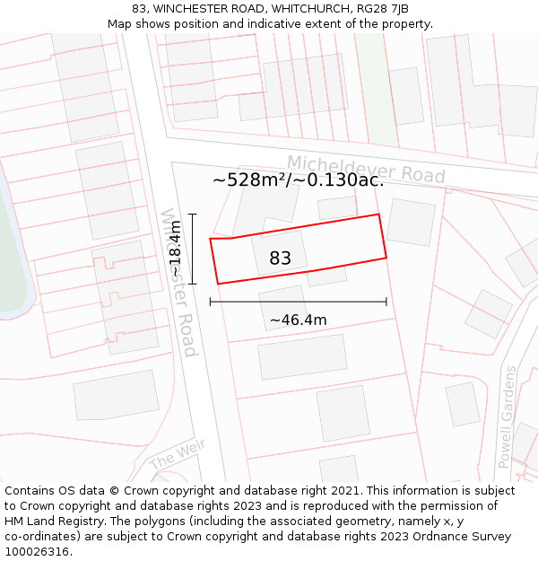 83, WINCHESTER ROAD, WHITCHURCH, RG28 7JB: Plot and title map