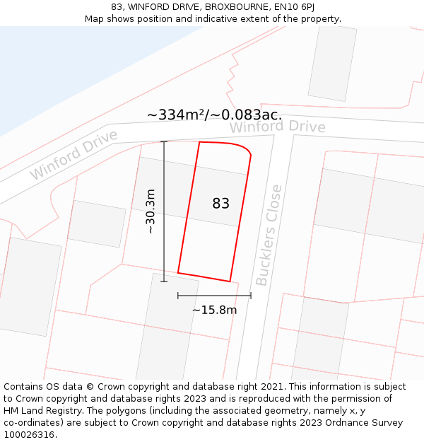 83, WINFORD DRIVE, BROXBOURNE, EN10 6PJ: Plot and title map