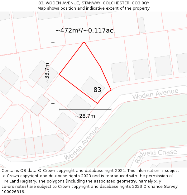83, WODEN AVENUE, STANWAY, COLCHESTER, CO3 0QY: Plot and title map
