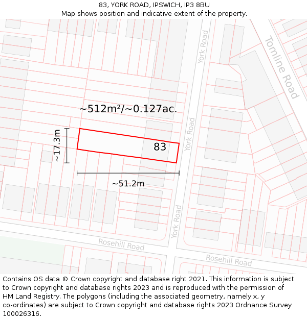 83, YORK ROAD, IPSWICH, IP3 8BU: Plot and title map