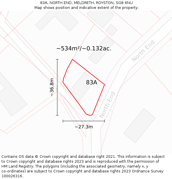 83A, NORTH END, MELDRETH, ROYSTON, SG8 6NU: Plot and title map