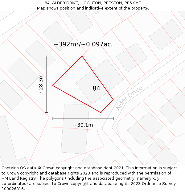 84, ALDER DRIVE, HOGHTON, PRESTON, PR5 0AE: Plot and title map