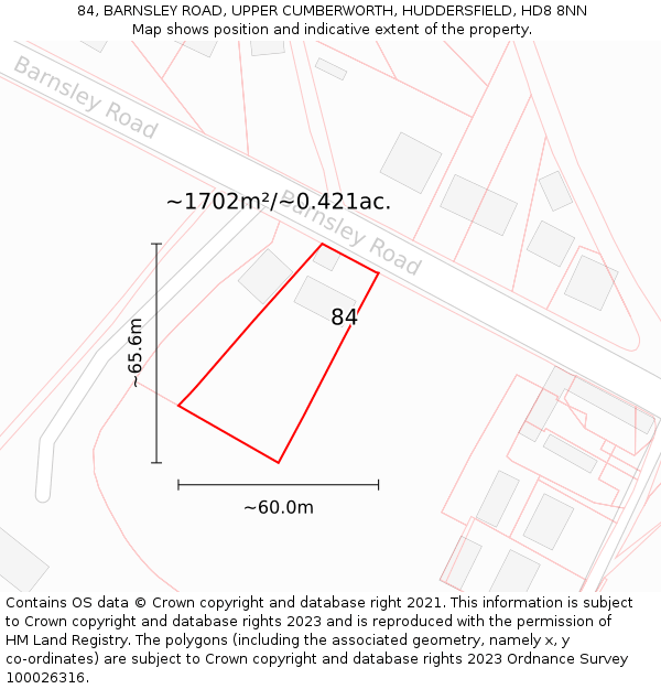 84, BARNSLEY ROAD, UPPER CUMBERWORTH, HUDDERSFIELD, HD8 8NN: Plot and title map
