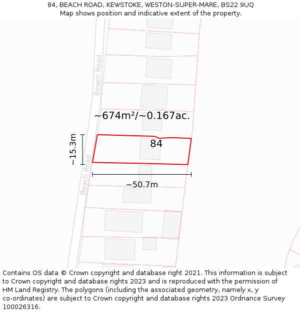 84, BEACH ROAD, KEWSTOKE, WESTON-SUPER-MARE, BS22 9UQ: Plot and title map