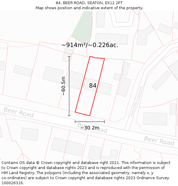 84, BEER ROAD, SEATON, EX12 2PT: Plot and title map
