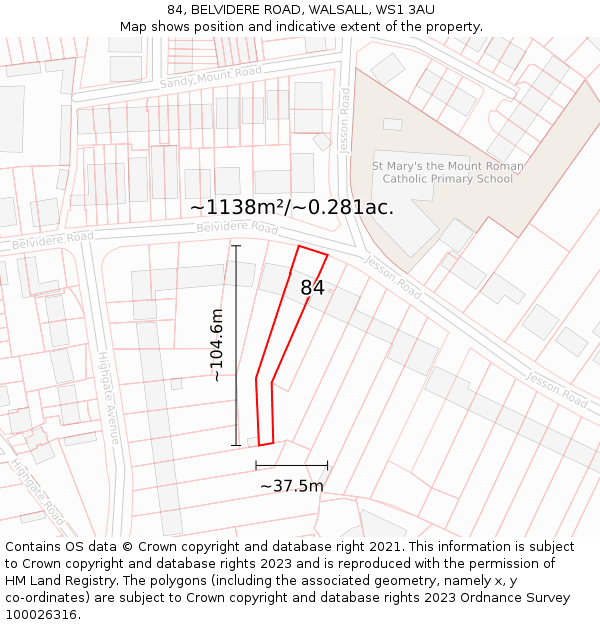 84, BELVIDERE ROAD, WALSALL, WS1 3AU: Plot and title map