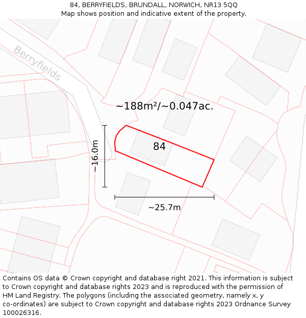 84, BERRYFIELDS, BRUNDALL, NORWICH, NR13 5QQ: Plot and title map