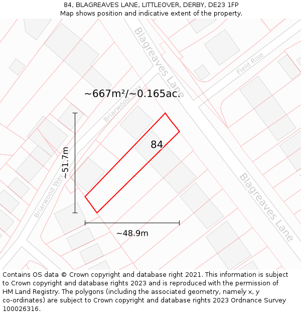 84, BLAGREAVES LANE, LITTLEOVER, DERBY, DE23 1FP: Plot and title map