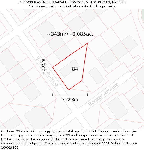 84, BOOKER AVENUE, BRADWELL COMMON, MILTON KEYNES, MK13 8EF: Plot and title map