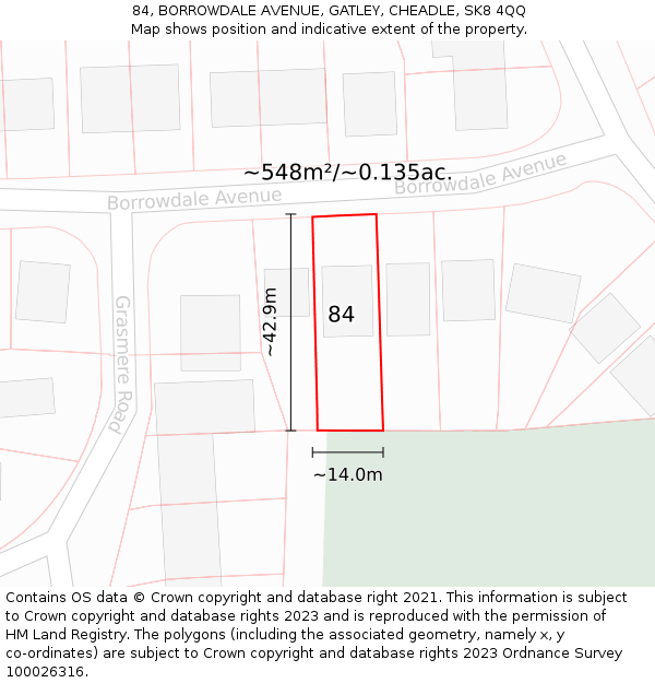 84, BORROWDALE AVENUE, GATLEY, CHEADLE, SK8 4QQ: Plot and title map
