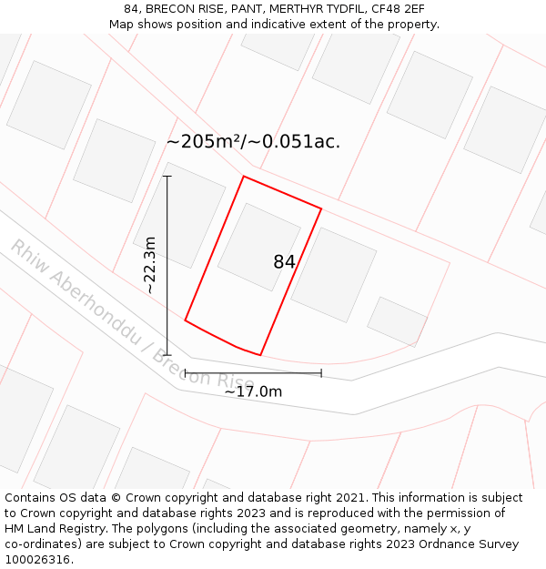 84, BRECON RISE, PANT, MERTHYR TYDFIL, CF48 2EF: Plot and title map