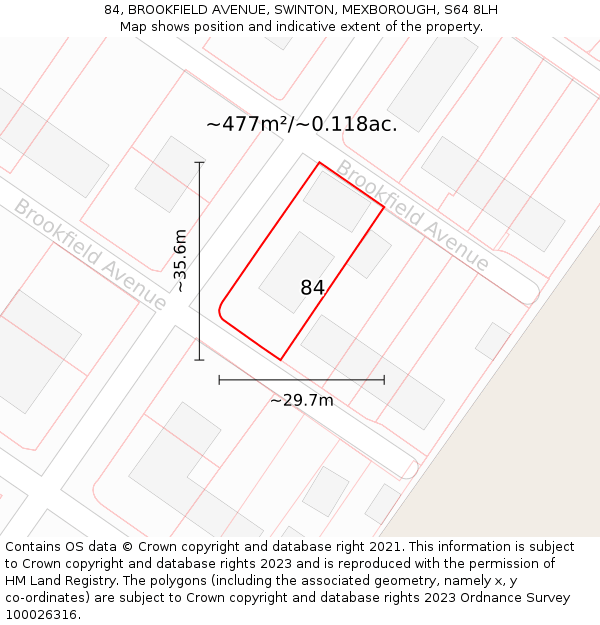 84, BROOKFIELD AVENUE, SWINTON, MEXBOROUGH, S64 8LH: Plot and title map