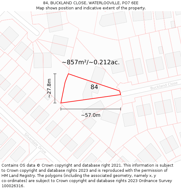 84, BUCKLAND CLOSE, WATERLOOVILLE, PO7 6EE: Plot and title map