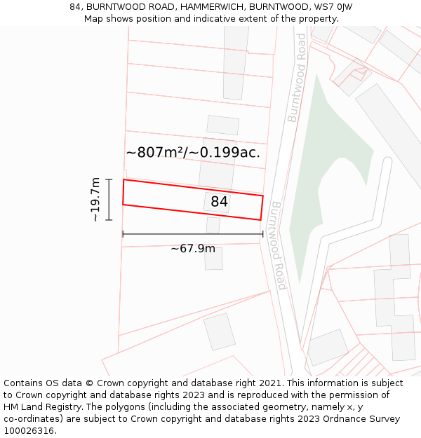 84, BURNTWOOD ROAD, HAMMERWICH, BURNTWOOD, WS7 0JW: Plot and title map