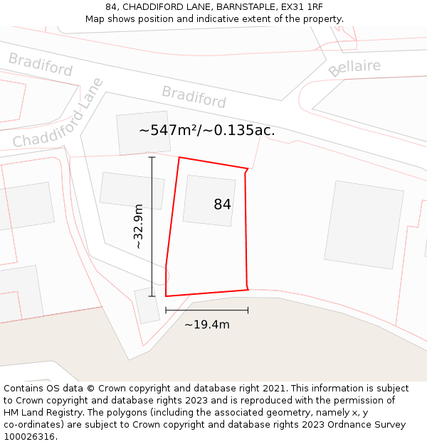 84, CHADDIFORD LANE, BARNSTAPLE, EX31 1RF: Plot and title map