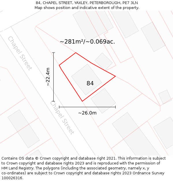 84, CHAPEL STREET, YAXLEY, PETERBOROUGH, PE7 3LN: Plot and title map