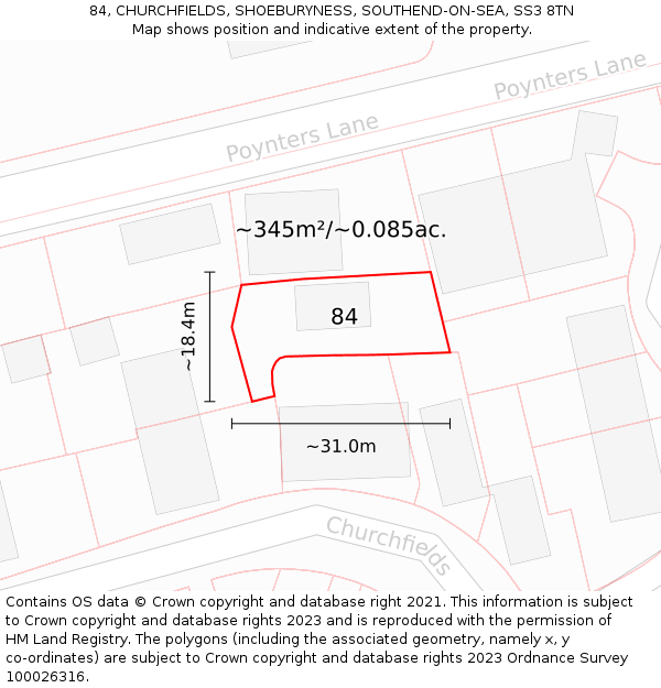 84, CHURCHFIELDS, SHOEBURYNESS, SOUTHEND-ON-SEA, SS3 8TN: Plot and title map