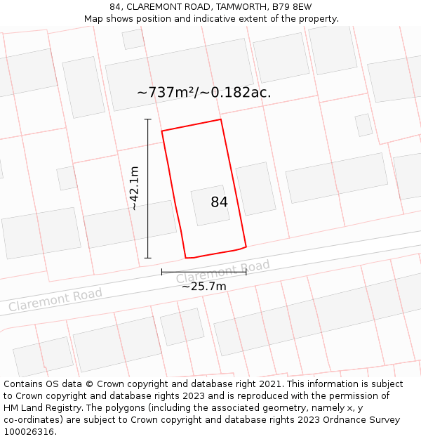 84, CLAREMONT ROAD, TAMWORTH, B79 8EW: Plot and title map