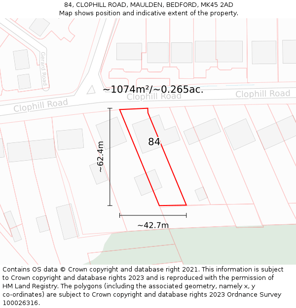 84, CLOPHILL ROAD, MAULDEN, BEDFORD, MK45 2AD: Plot and title map