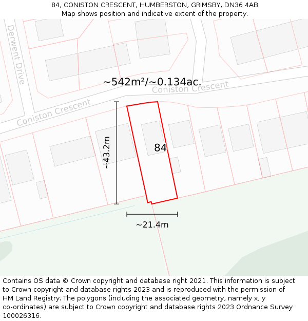 84, CONISTON CRESCENT, HUMBERSTON, GRIMSBY, DN36 4AB: Plot and title map