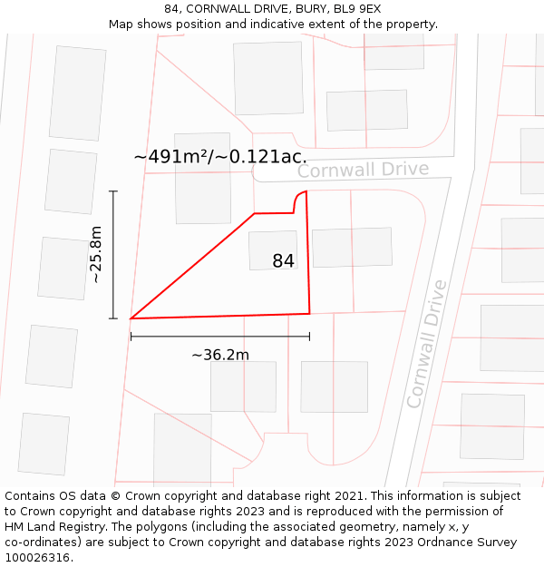 84, CORNWALL DRIVE, BURY, BL9 9EX: Plot and title map