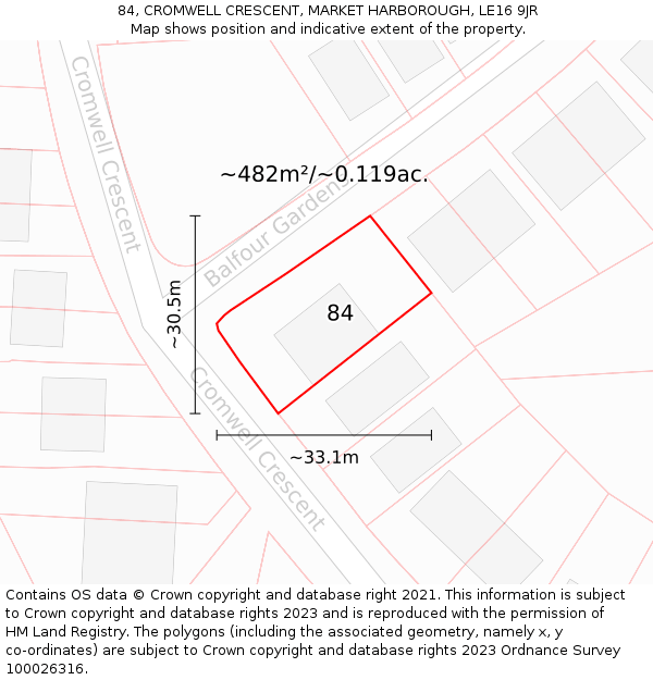 84, CROMWELL CRESCENT, MARKET HARBOROUGH, LE16 9JR: Plot and title map