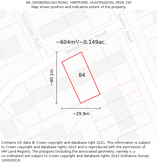 84, DESBOROUGH ROAD, HARTFORD, HUNTINGDON, PE29 1SP: Plot and title map