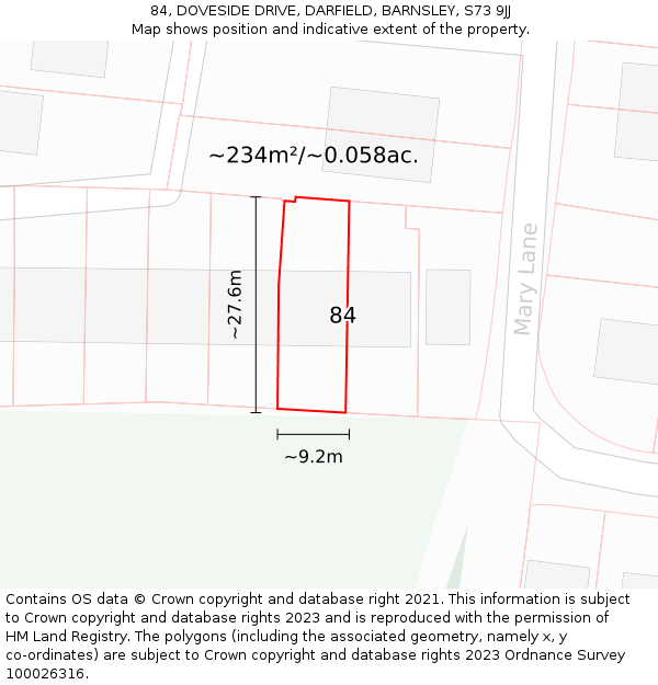 84, DOVESIDE DRIVE, DARFIELD, BARNSLEY, S73 9JJ: Plot and title map