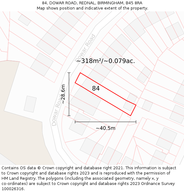84, DOWAR ROAD, REDNAL, BIRMINGHAM, B45 8RA: Plot and title map