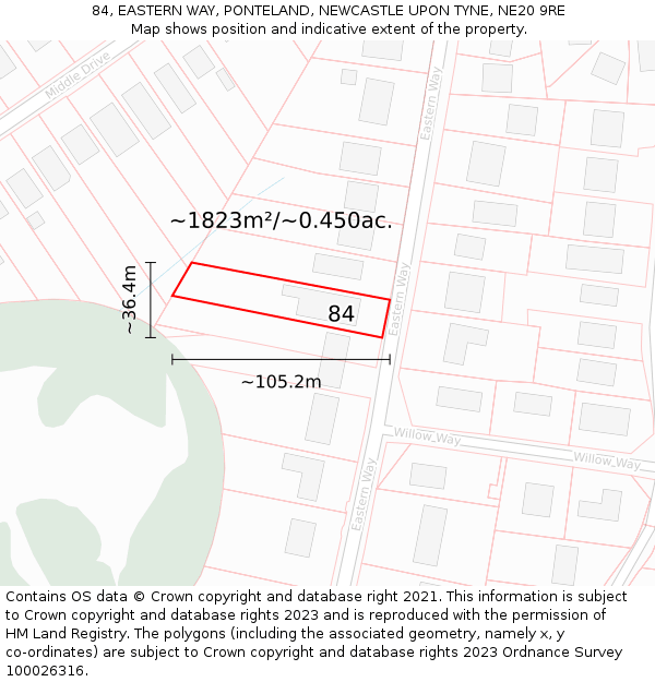 84, EASTERN WAY, PONTELAND, NEWCASTLE UPON TYNE, NE20 9RE: Plot and title map