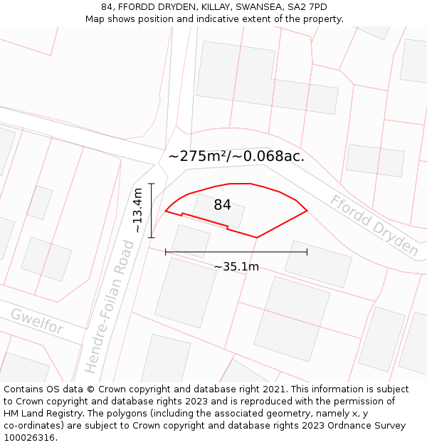 84, FFORDD DRYDEN, KILLAY, SWANSEA, SA2 7PD: Plot and title map
