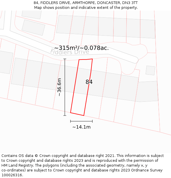 84, FIDDLERS DRIVE, ARMTHORPE, DONCASTER, DN3 3TT: Plot and title map