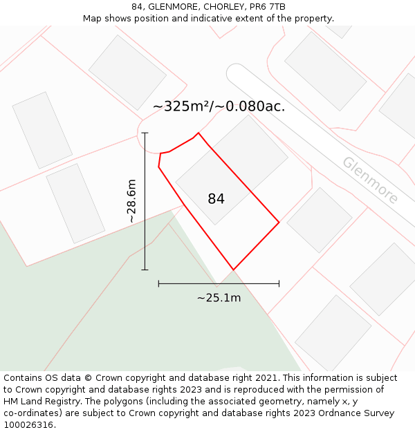 84, GLENMORE, CHORLEY, PR6 7TB: Plot and title map